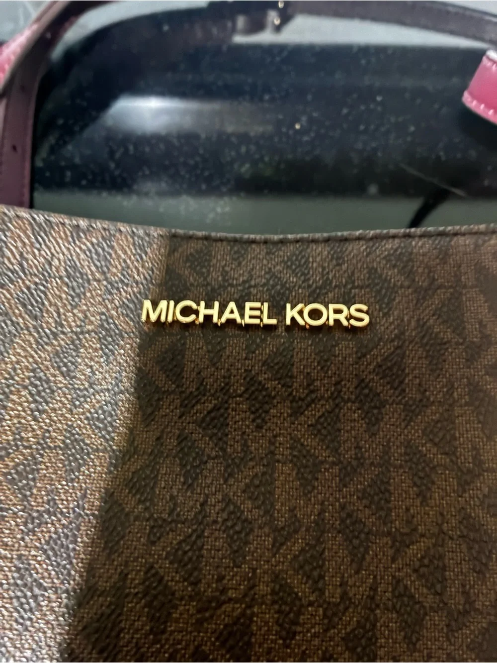Michael Kors Brown MK Logo Large Crossbody with Plum Trim and Gold Hardware